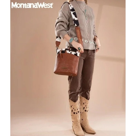 Montana West Crossbody Bag Womens Brown Cow Print Guitar Strap Purse‎ MWC-8518BR - Picture 2 of 12